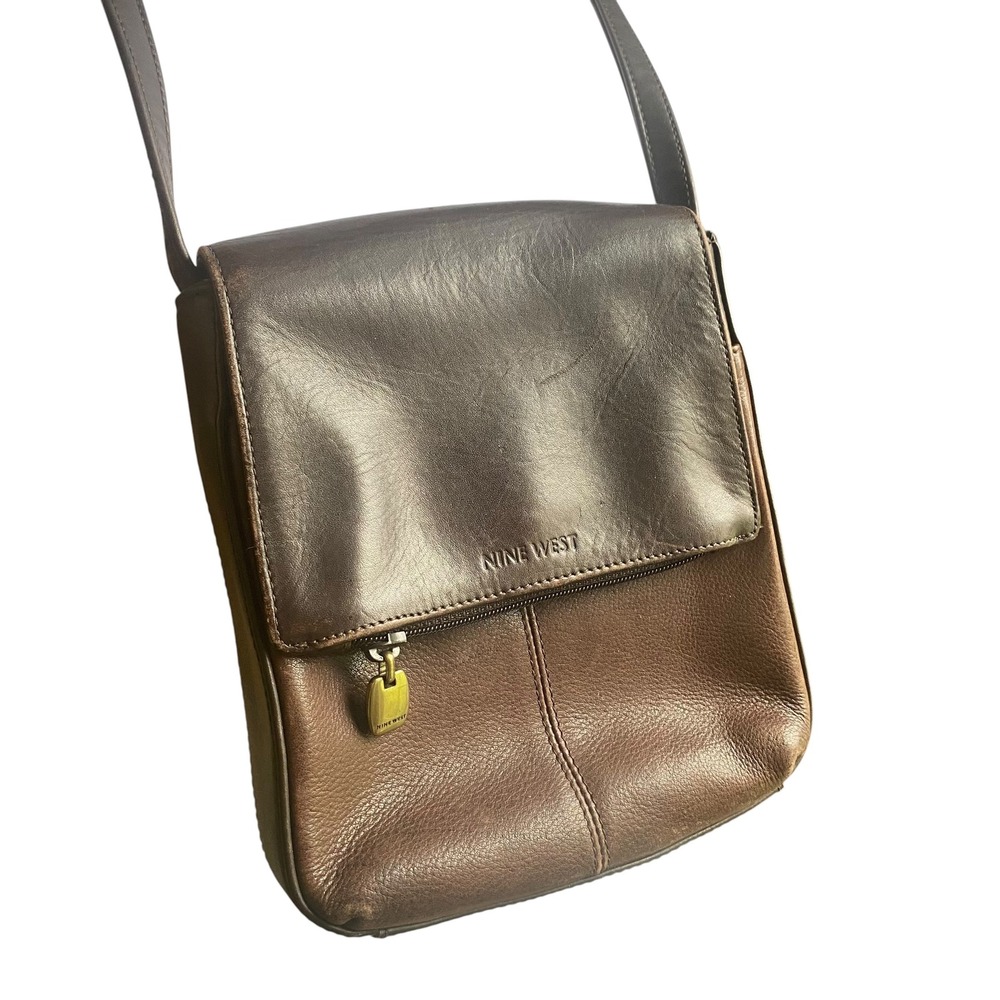 Nine West Brown Leather Crossbody Bag Two Tone Flap Messenger Slim Purse